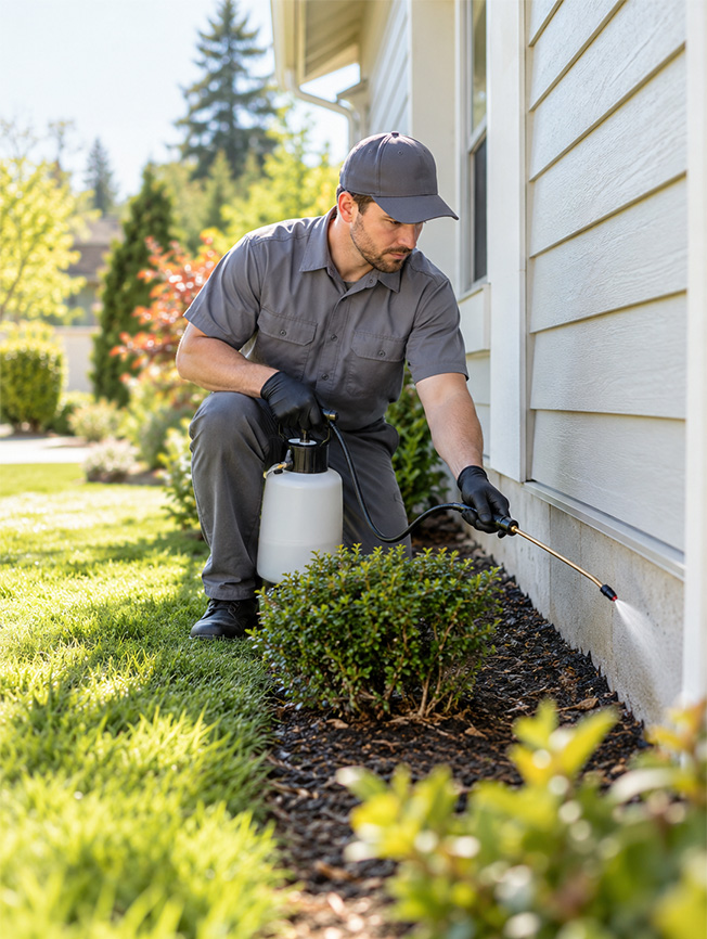 Pest control technician in a gray uniform spraying along the foundation of a light-sided home on a sunny day